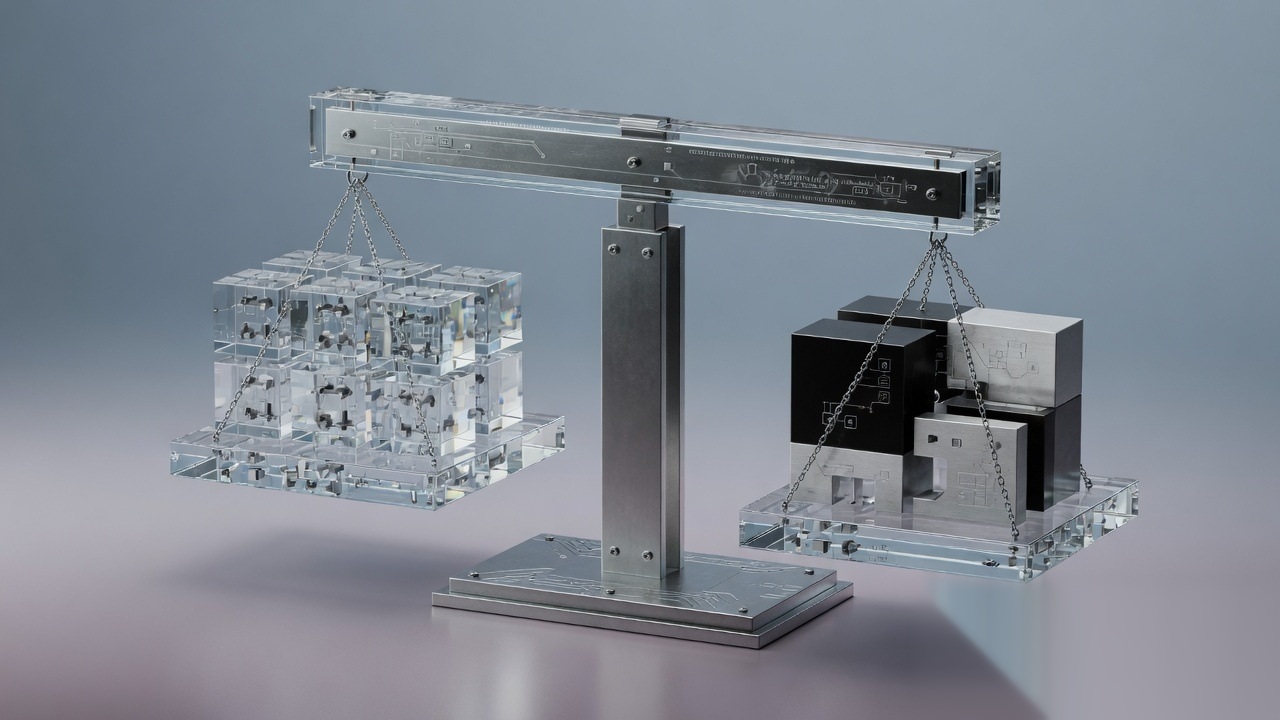 Abstract glass and steel scale symbolizing governance balance