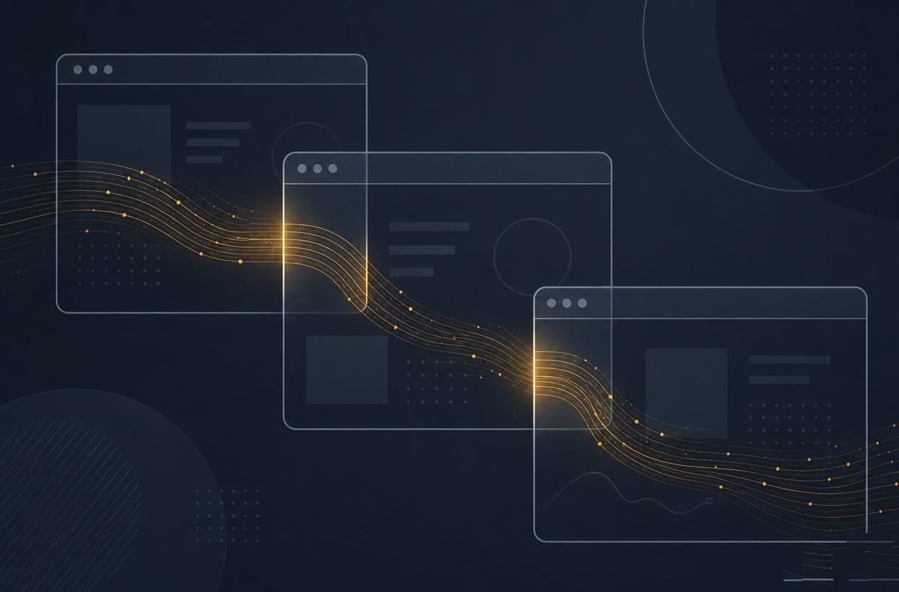 Three overlapping translucent browser window outlines on a dark navy background, with a glowing amber data stream flowing through their edges from one window into the next