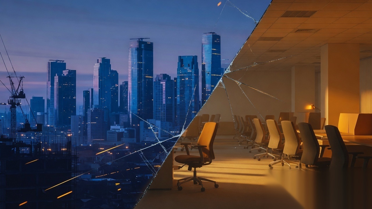 Editorial split image of capital intensity and empty workplace