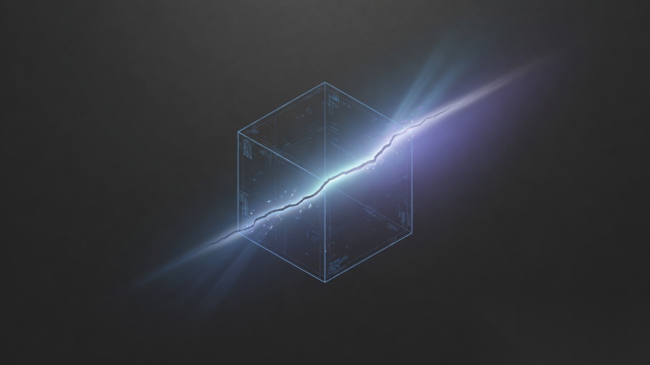 Abstract containment cube with light escaping a crack