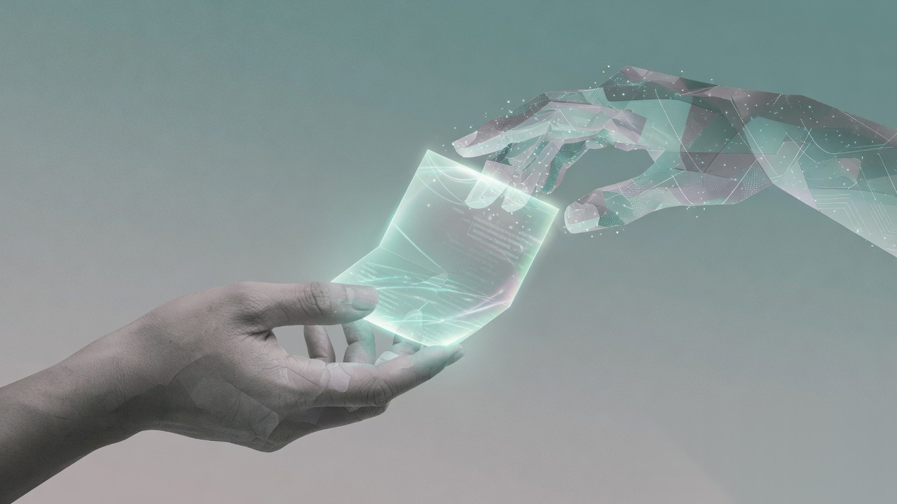 Abstract hands exchanging a document, human and AI collaboration