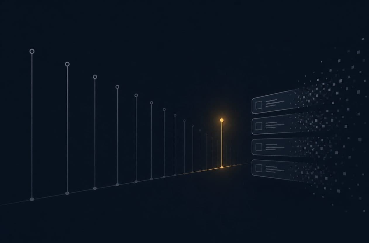 A receding row of thin vertical timeline markers on a dark background, most of them dimmed grey with a single one glowing amber, beside faint API endpoint blocks dissolving into particles