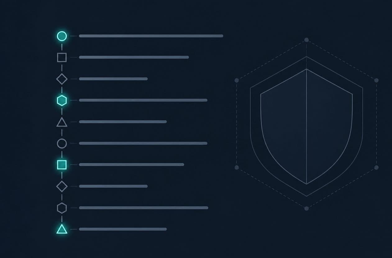 A vertical checklist of ten horizontal bars with small geometric nodes, four of them glowing teal, next to a thin-line hexagonal shield outline on a dark background