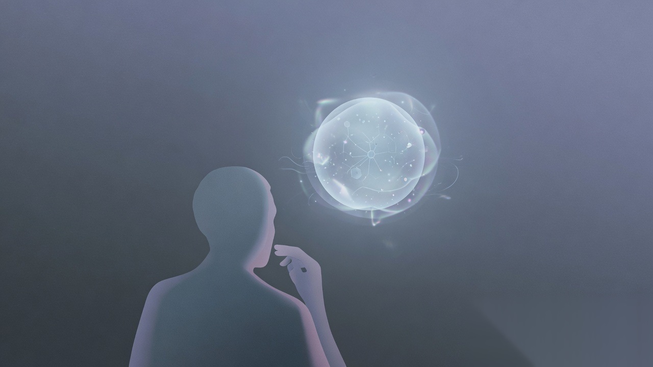 Abstract figure with floating light orb suggesting a personal agent