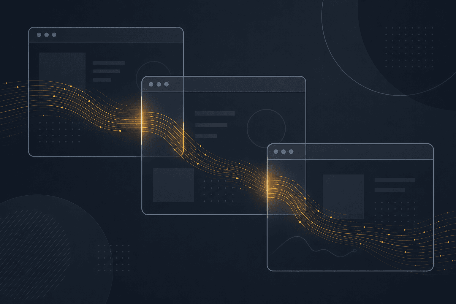 Three overlapping translucent browser window outlines on a dark navy background, with a glowing amber data stream flowing through their edges from one window into the next