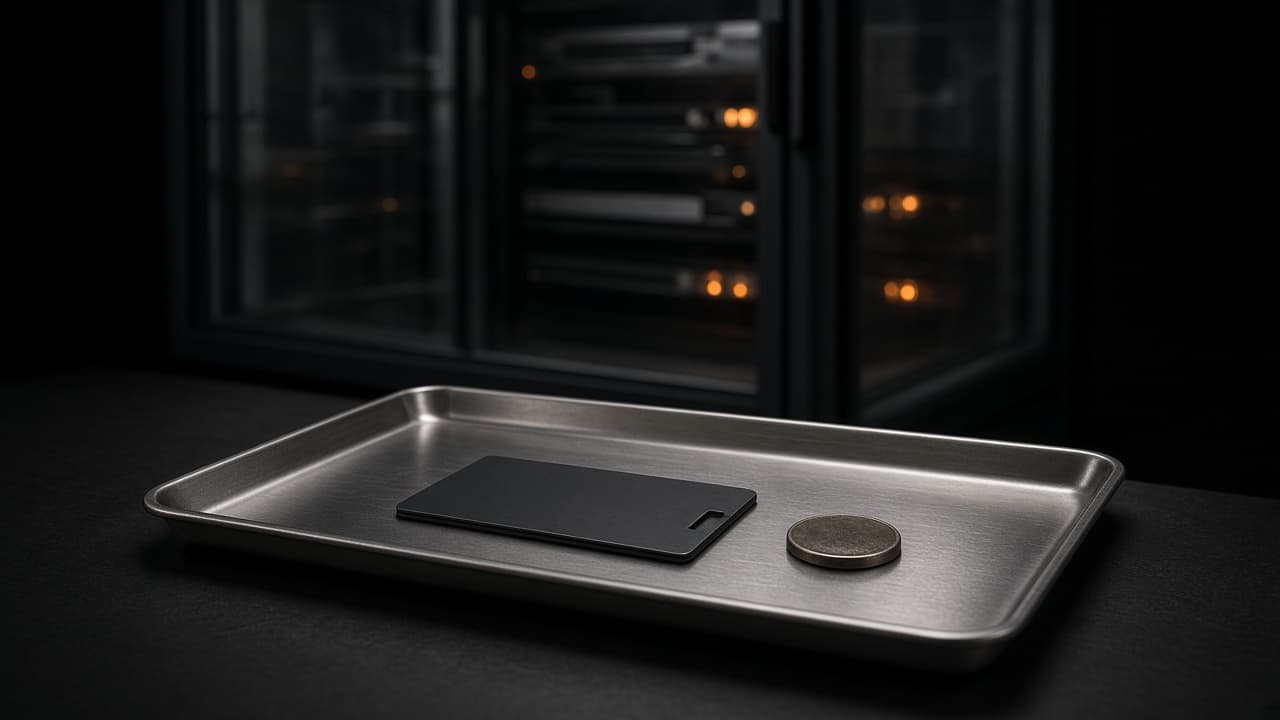 A dark keycard and a spent API token on a steel tray, with a dim server rack behind glass
