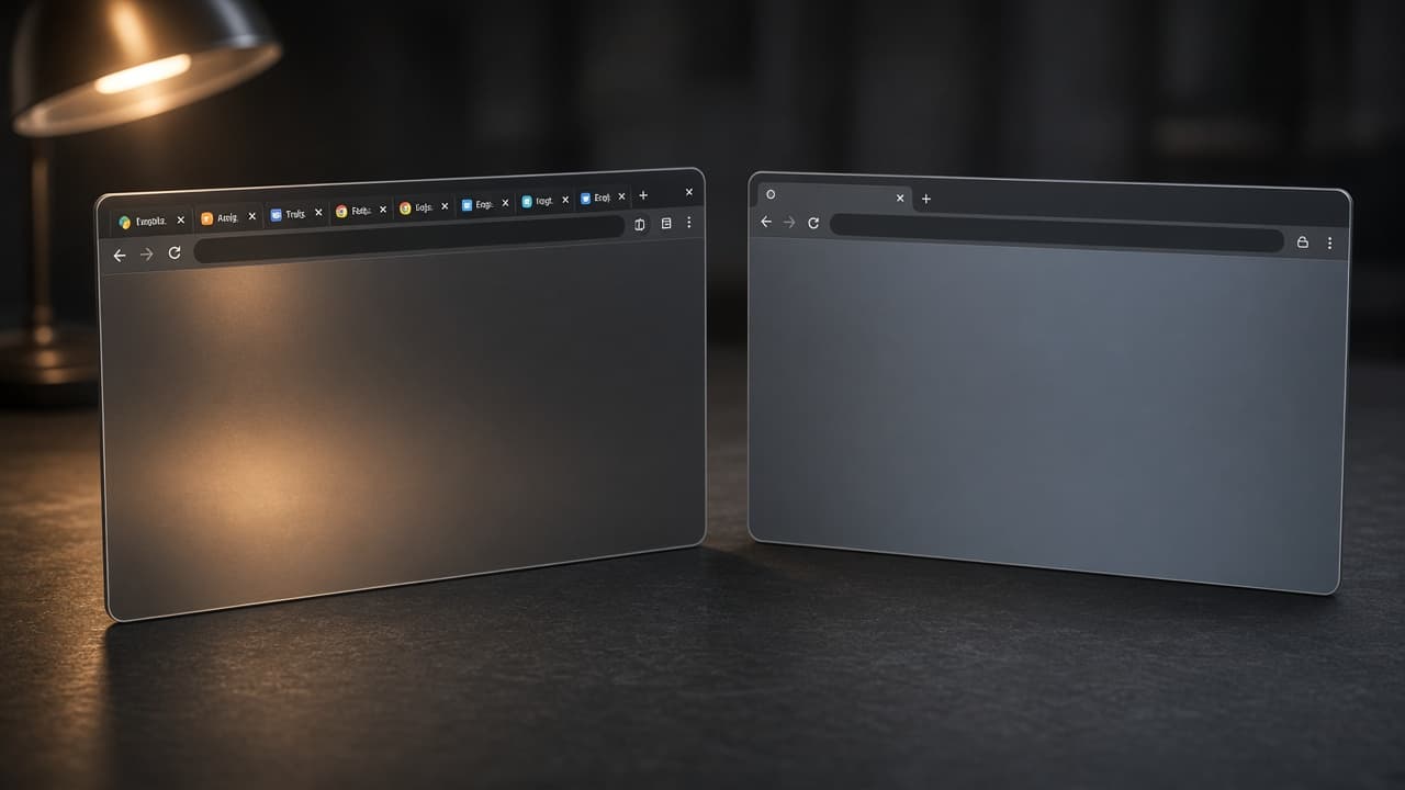Two dark browser windows side by side, one crowded with personal tabs and one empty and isolated