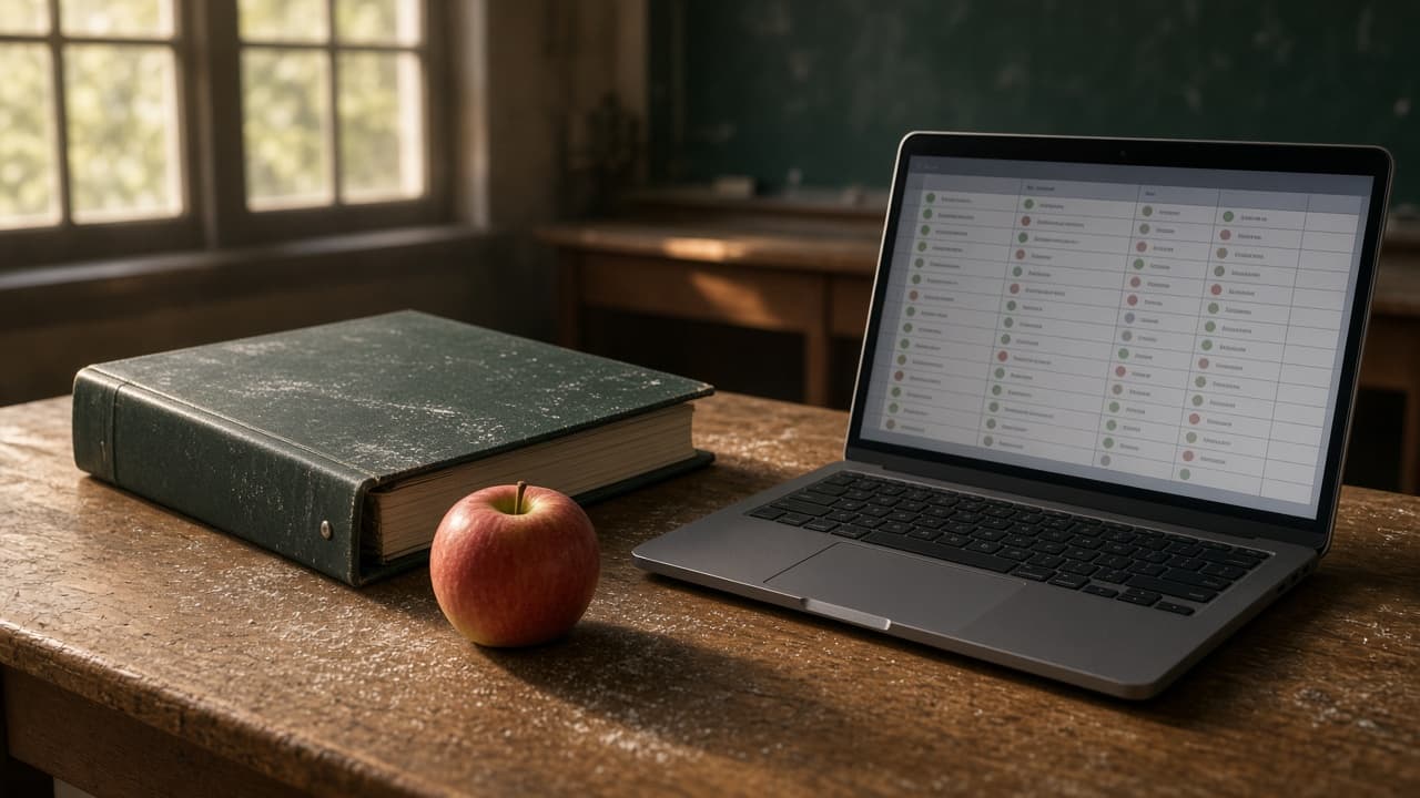 A quiet classroom desk with a standards binder and an admin laptop showing a roster, no student faces