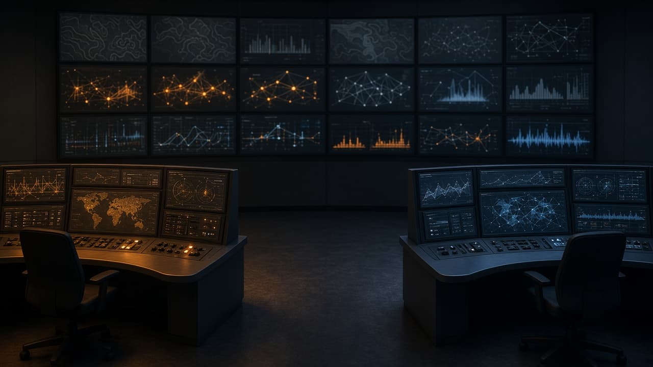 A dark security operations floor with two opposing instrument panels facing a shared telemetry wall, no readable text