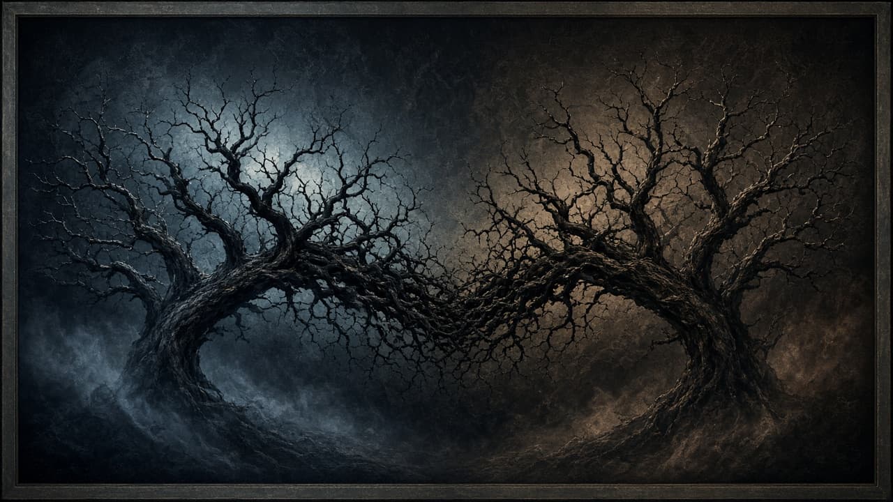 Two repository trees meeting in a dark editor chrome, one labeled as a mirror and one as the source