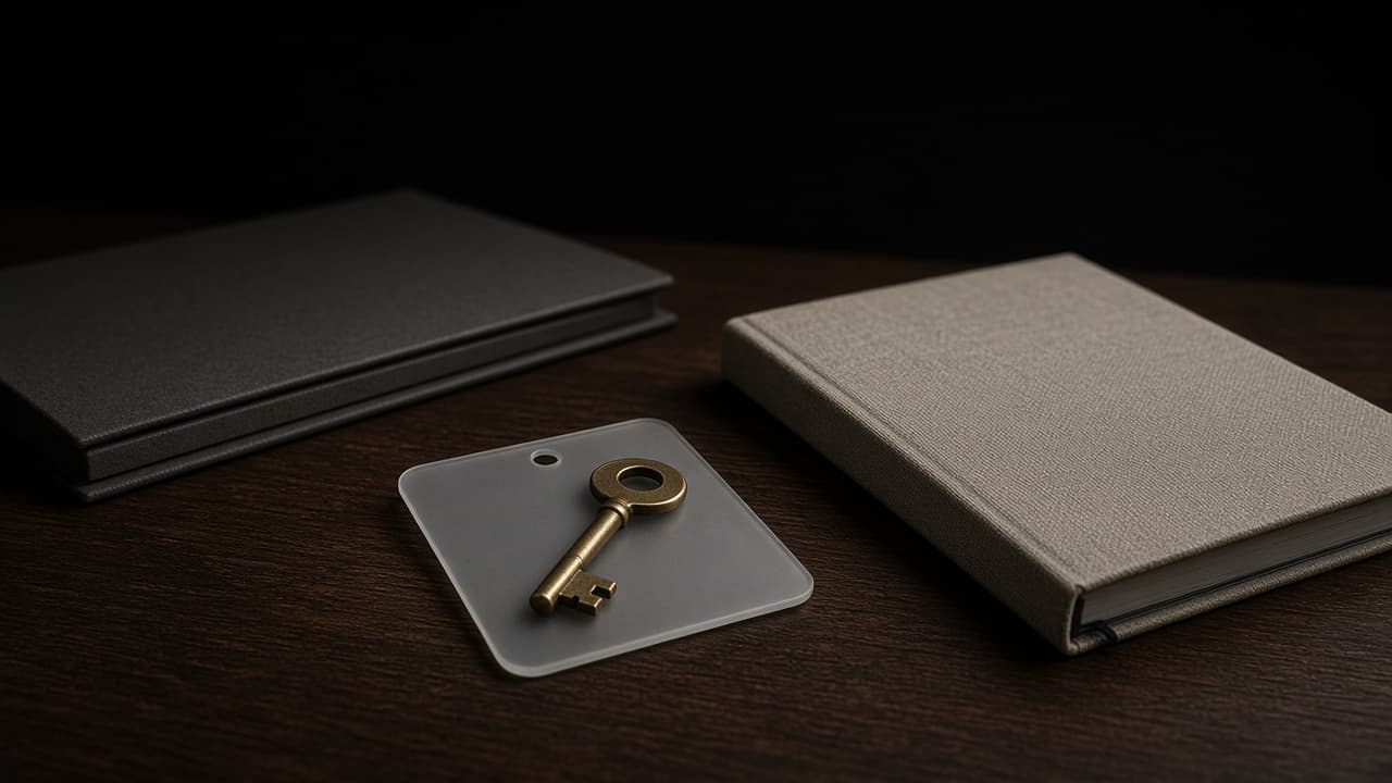 A glass office badge on a dark desk beside an unopened investigator notebook and a muted model-card binder