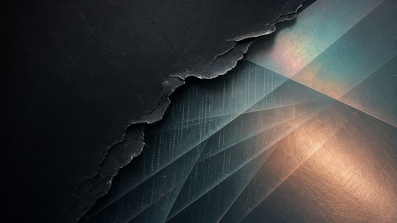 A design canvas fragment dissolving into layered code panels, with a soft shader wash across the surface