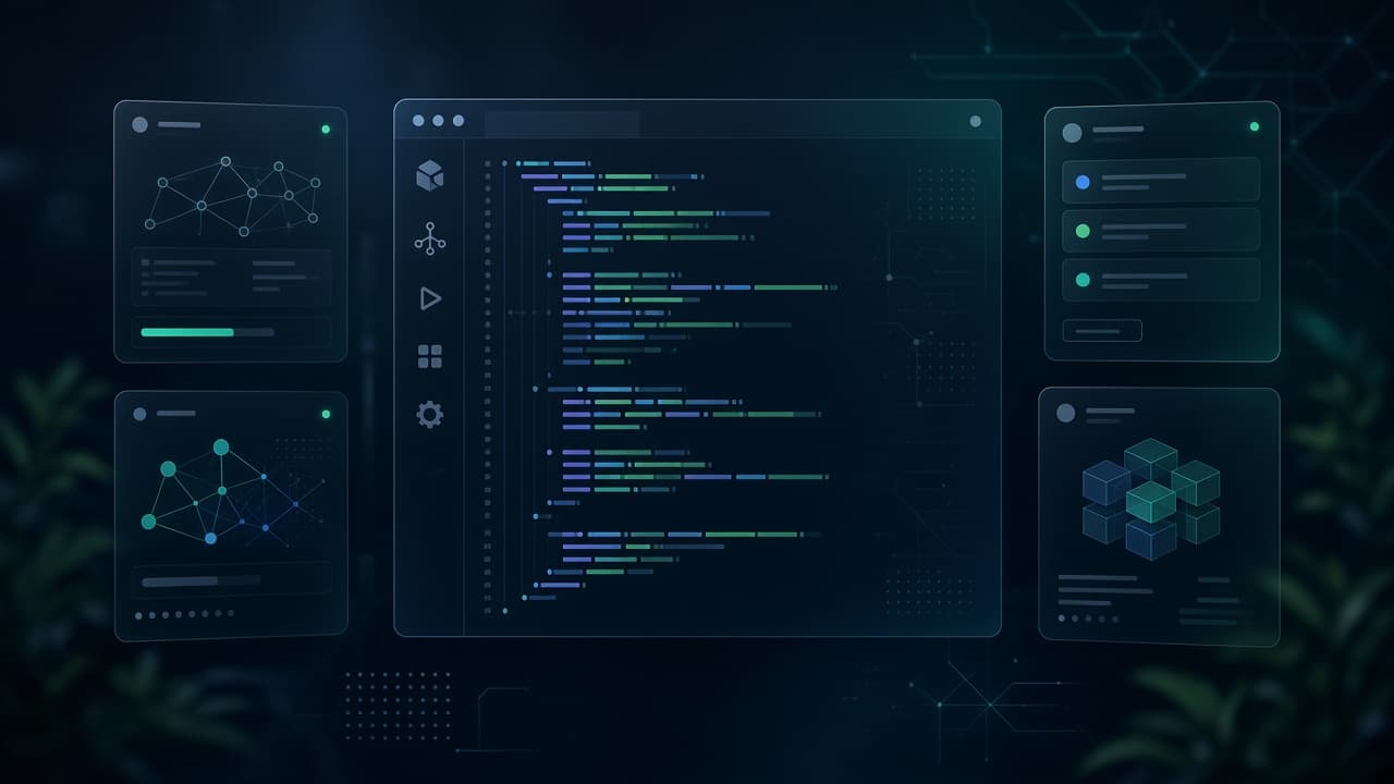 A dark multi-pane agent workspace with one brighter editor and several dimmer agent cards beside it, no readable text