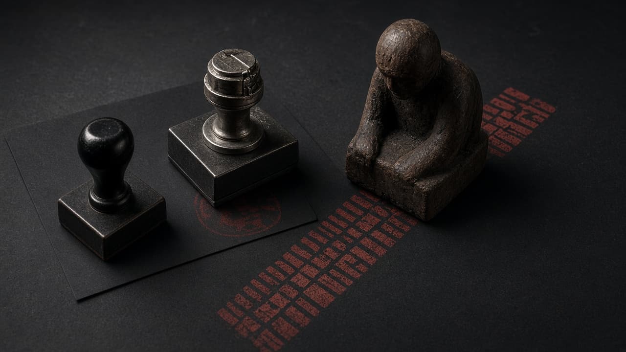 A pull-request review panel with a machine stamp and a human stamp, only the human stamp covering the merge path
