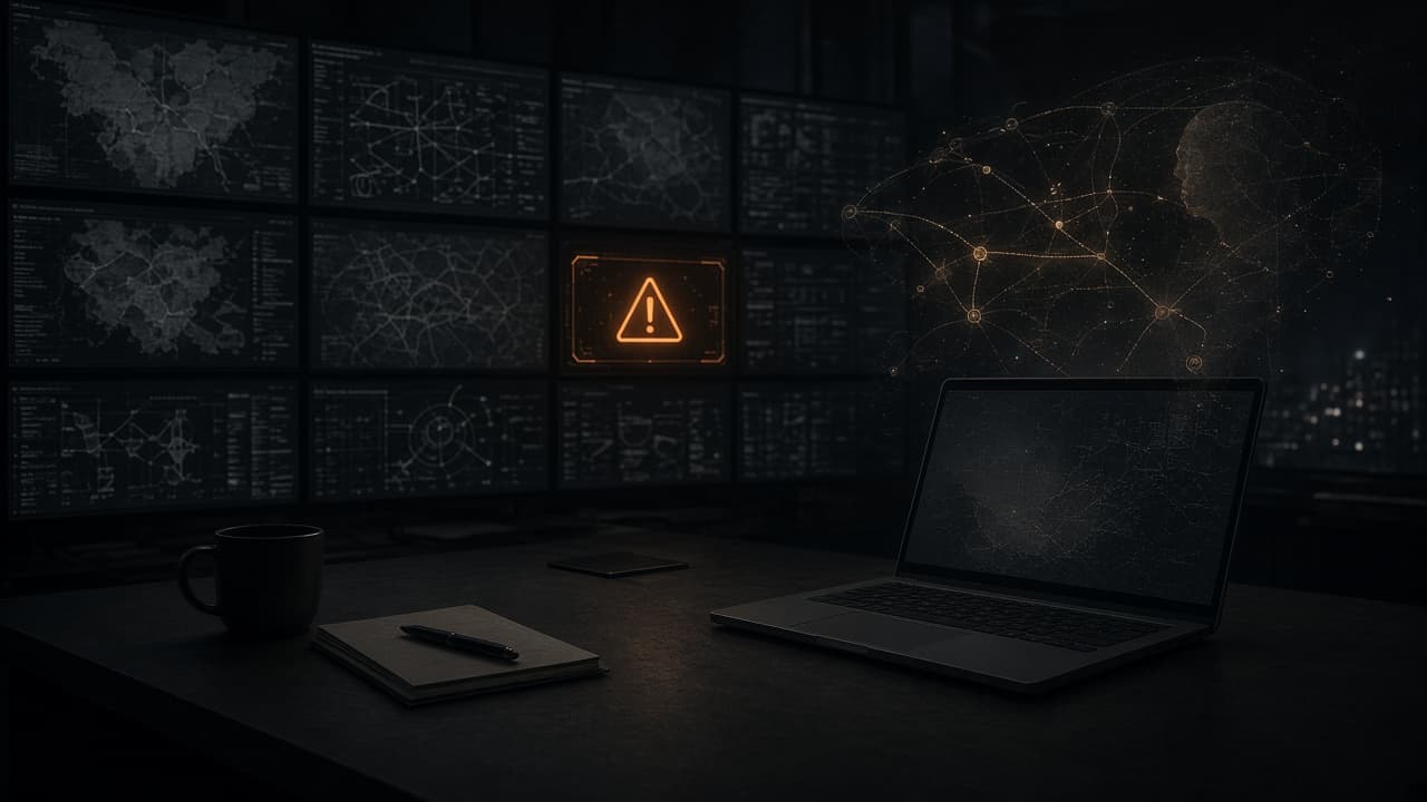 A dim security-operations desk at night, a laptop showing a ChatGPT-style thread beside a faded chain-of-thought pane, and a wall monitor with one amber Critical badge above a green aligned score