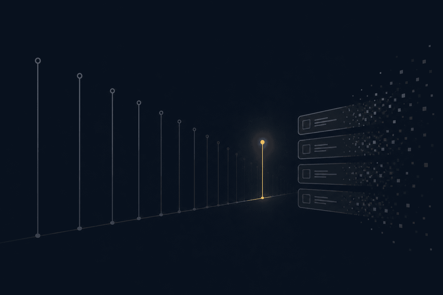A receding row of thin vertical timeline markers on a dark background, most of them dimmed grey with a single one glowing amber, beside faint API endpoint blocks dissolving into particles