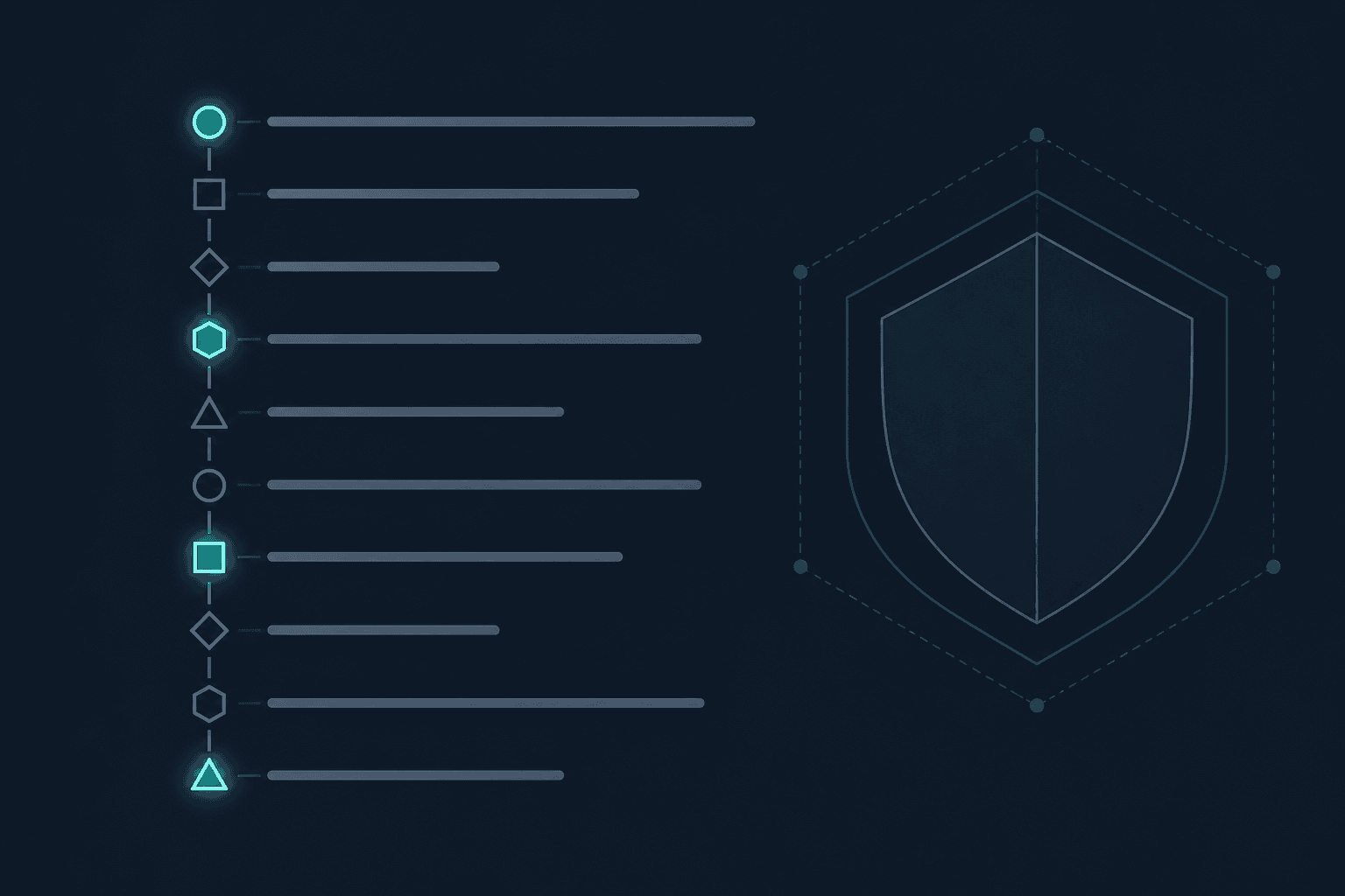 A vertical checklist of ten horizontal bars with small geometric nodes, four of them glowing teal, next to a thin-line hexagonal shield outline on a dark background