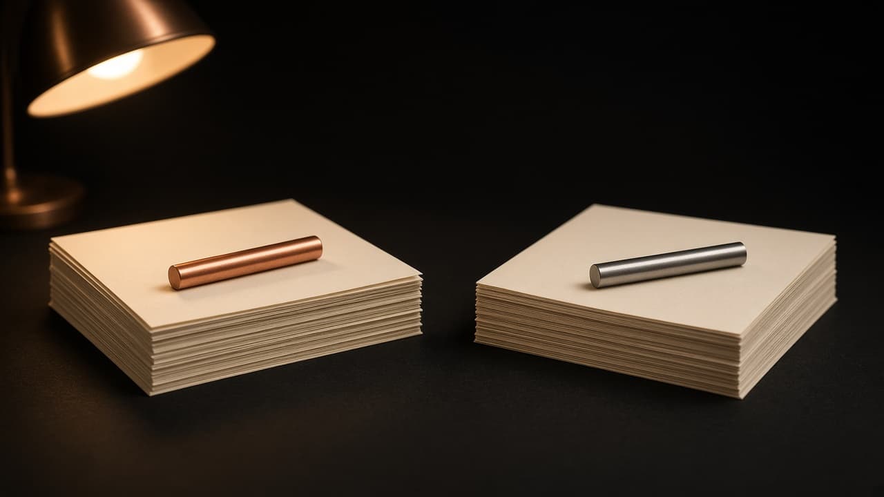 Two stacks of cream paper on a dark desk, one weighted by a copper rod and one by a steel rod, under a single lamp