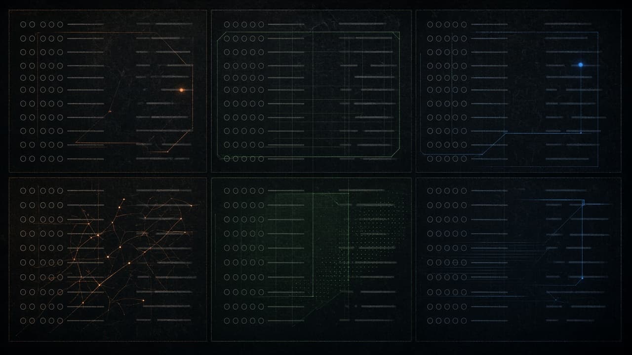 Several dark editor panes arranged in a shallow grid, each with a different cursor color and a shared checklist overlay