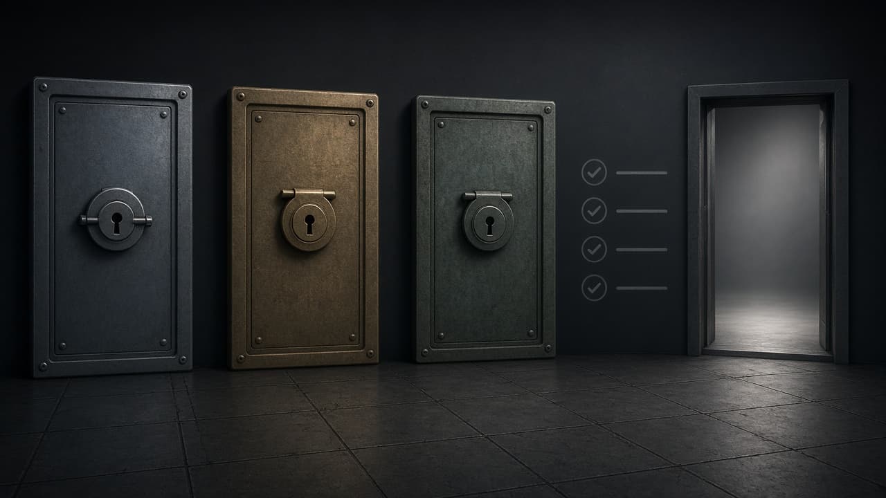 Three locked access panels on a dark field, each marked for a different vendor cyber program, with a checklist beside an unlocked general-availability lane