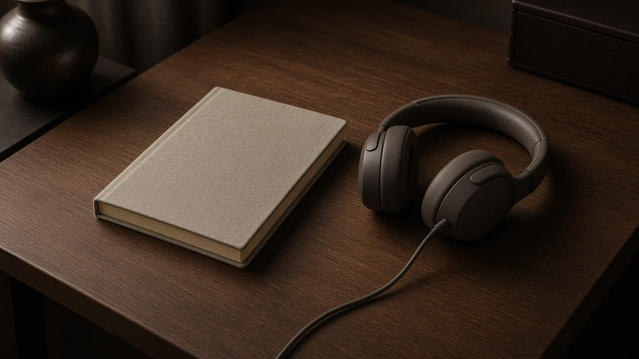 A quiet notepad and headphone still life on a walnut desk, no camera orb in the frame