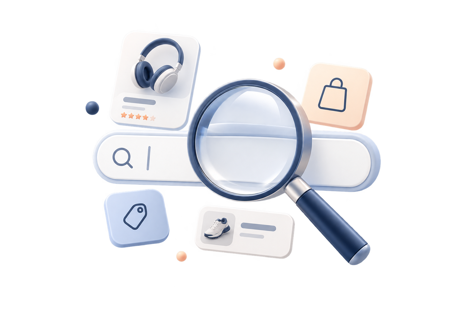 Magnifying glass over a search bar with product cards, tags, and ratings floating around it